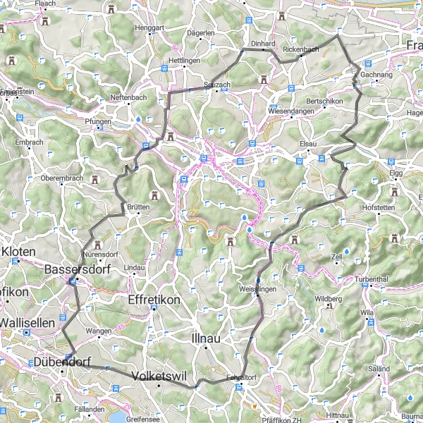Zemljevid v pomanjšavi "Kolesarska tura po cesti" kolesarske inspiracije v Zürich, Switzerland. Generirano z načrtovalcem kolesarskih poti Tarmacs.app