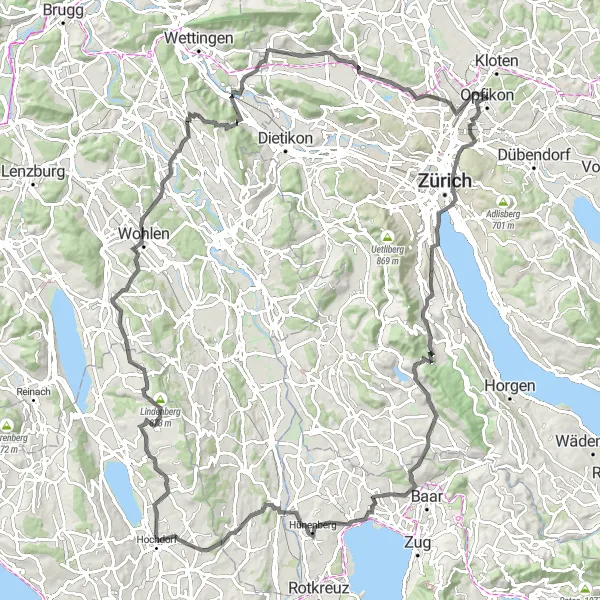 Zemljevid v pomanjšavi "Razburljiva kolesarska avantura" kolesarske inspiracije v Zürich, Switzerland. Generirano z načrtovalcem kolesarskih poti Tarmacs.app