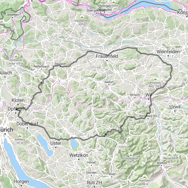 Mapa miniatúra "Okruh cez Pfäffikersee a Föhrlibuck" cyklistická inšpirácia v Zürich, Switzerland. Vygenerované cyklistickým plánovačom trás Tarmacs.app