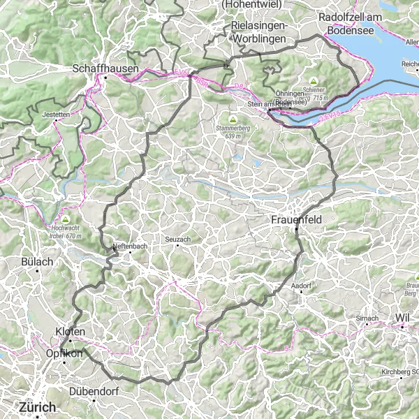 Miniatura della mappa di ispirazione al ciclismo "Esplorazione in bicicletta tra natura e cultura" nella regione di Zürich, Switzerland. Generata da Tarmacs.app, pianificatore di rotte ciclistiche