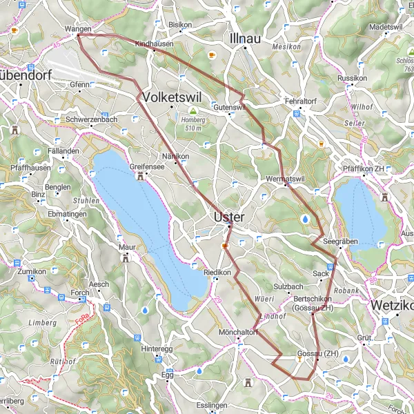 Kartminiatyr av "Uster till Bisikon" cykelinspiration i Zürich, Switzerland. Genererad av Tarmacs.app cykelruttplanerare