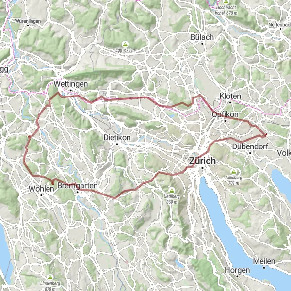 Miniature de la carte de l'inspiration cycliste "Aventure gravel à travers les collines suisses" dans la Zürich, Switzerland. Générée par le planificateur d'itinéraire cycliste Tarmacs.app