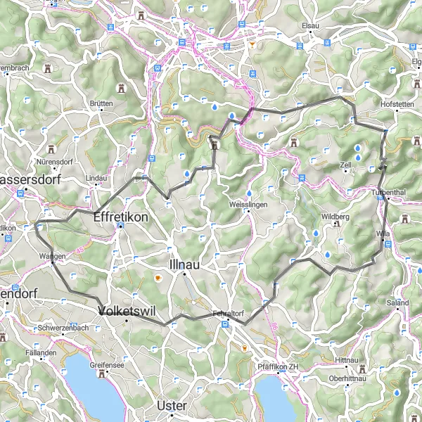 Karttaminiaatyyri "Seikkailu maanteillä" pyöräilyinspiraatiosta alueella Zürich, Switzerland. Luotu Tarmacs.app pyöräilyreittisuunnittelijalla