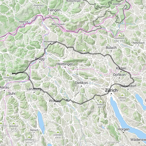 Kartminiatyr av "Lang Tur i Zürichs Natur" sykkelinspirasjon i Zürich, Switzerland. Generert av Tarmacs.app sykkelrutoplanlegger