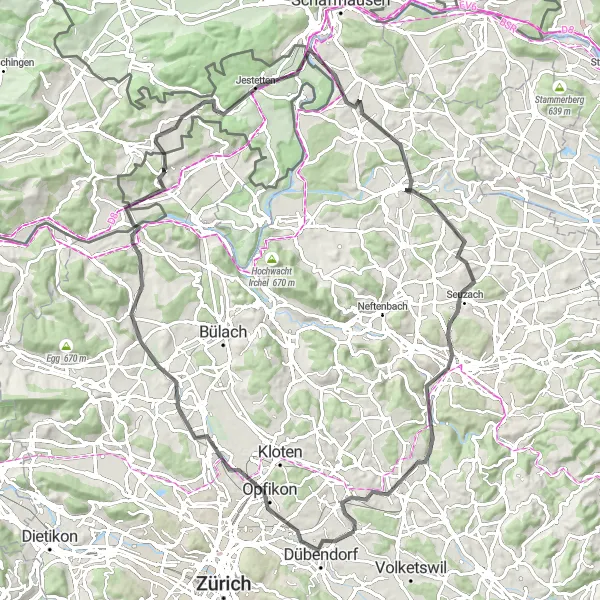 Miniaturekort af cykelinspirationen "Bjergtagende Rute" i Zürich, Switzerland. Genereret af Tarmacs.app cykelruteplanlægger