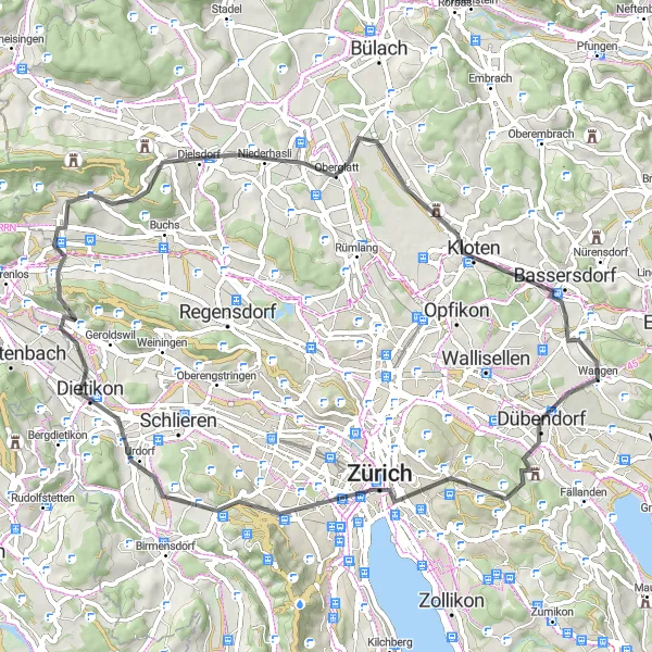Mapa miniatúra "Cyklotrasa okolo Adlisbergu a Hüttikonu" cyklistická inšpirácia v Zürich, Switzerland. Vygenerované cyklistickým plánovačom trás Tarmacs.app