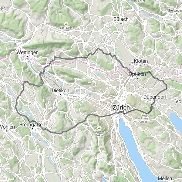 Map miniature of "Adlisberg, Zurich, Bremgarten and Heitersbergpass Loop" cycling inspiration in Zürich, Switzerland. Generated by Tarmacs.app cycling route planner