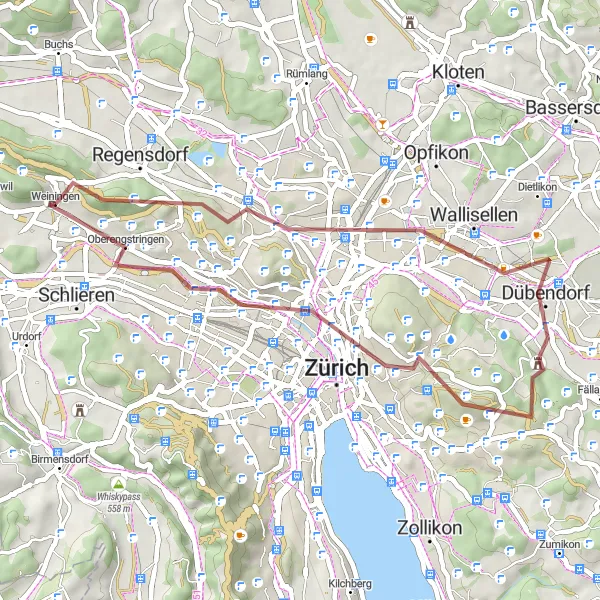 Map miniature of "Weiningen - Gubrist - Wallisellen - Höngg Gravel Adventure" cycling inspiration in Zürich, Switzerland. Generated by Tarmacs.app cycling route planner
