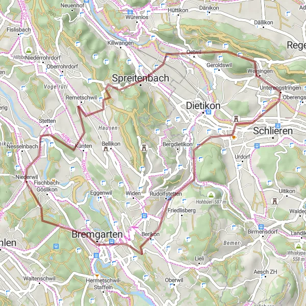 Miniature de la carte de l'inspiration cycliste "Les collines autour de Weiningen" dans la Zürich, Switzerland. Générée par le planificateur d'itinéraire cycliste Tarmacs.app