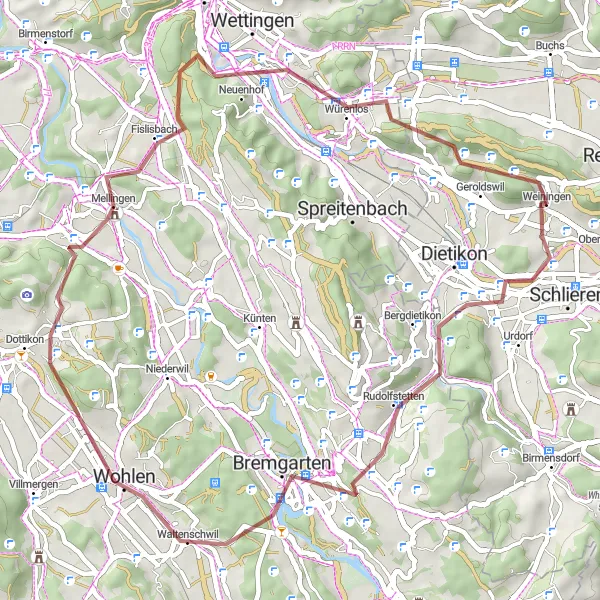 Map miniature of "Weiningen - Honeret - Berikon - Waltenschwil Gravel Adventure" cycling inspiration in Zürich, Switzerland. Generated by Tarmacs.app cycling route planner