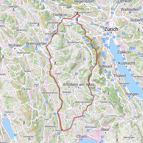 Miniatura della mappa di ispirazione al ciclismo "Sulle tracce dei castelli svizzeri" nella regione di Zürich, Switzerland. Generata da Tarmacs.app, pianificatore di rotte ciclistiche