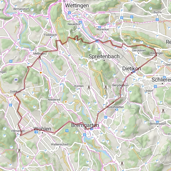 Mapa miniatúra "Gravel runda s výstupem na 1036 metrů poblíž Weiningen" cyklistická inšpirácia v Zürich, Switzerland. Vygenerované cyklistickým plánovačom trás Tarmacs.app