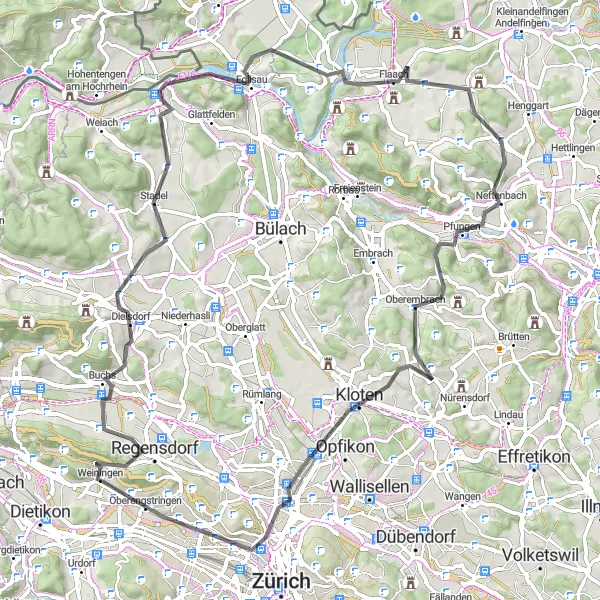 Miniature de la carte de l'inspiration cycliste "Vers les rives du Rhin" dans la Zürich, Switzerland. Générée par le planificateur d'itinéraire cycliste Tarmacs.app