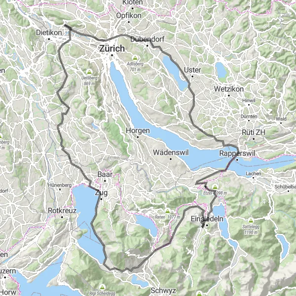 Mapa miniatúra "Silniční okruh s výstupem na 1811 metrů pobliž Weiningen" cyklistická inšpirácia v Zürich, Switzerland. Vygenerované cyklistickým plánovačom trás Tarmacs.app