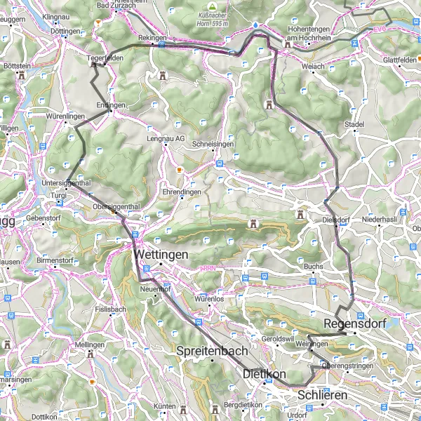 Zemljevid v pomanjšavi "Kolesarska avantura skozi slikovite vasi" kolesarske inspiracije v Zürich, Switzerland. Generirano z načrtovalcem kolesarskih poti Tarmacs.app