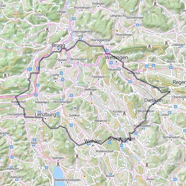 Miniatura della mappa di ispirazione al ciclismo "Giro Panoramico dei Castelli Svizzeri" nella regione di Zürich, Switzerland. Generata da Tarmacs.app, pianificatore di rotte ciclistiche