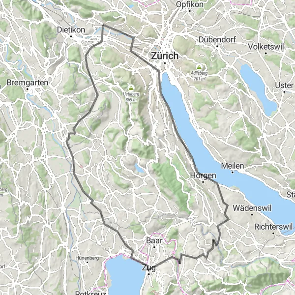 Zemljevid v pomanjšavi "Raziščite naravne lepote in zgodovinske zaklade" kolesarske inspiracije v Zürich, Switzerland. Generirano z načrtovalcem kolesarskih poti Tarmacs.app