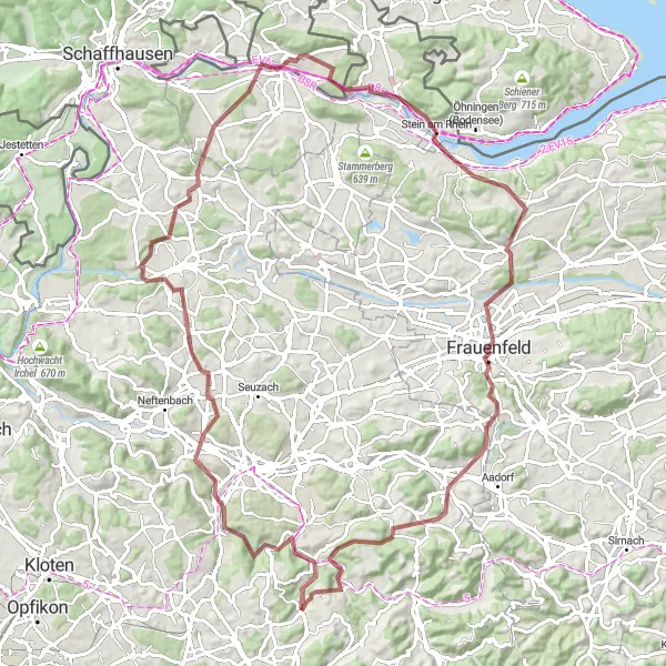 Kartminiatyr av "Grusvei rundt Frauenfeld" sykkelinspirasjon i Zürich, Switzerland. Generert av Tarmacs.app sykkelrutoplanlegger