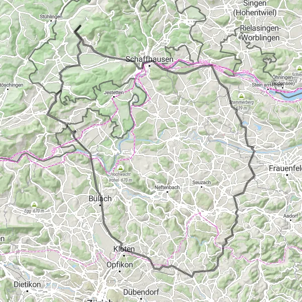 Zemljevid v pomanjšavi "Cestna kolesarska tura preko Klotena in Belverdeta" kolesarske inspiracije v Zürich, Switzerland. Generirano z načrtovalcem kolesarskih poti Tarmacs.app