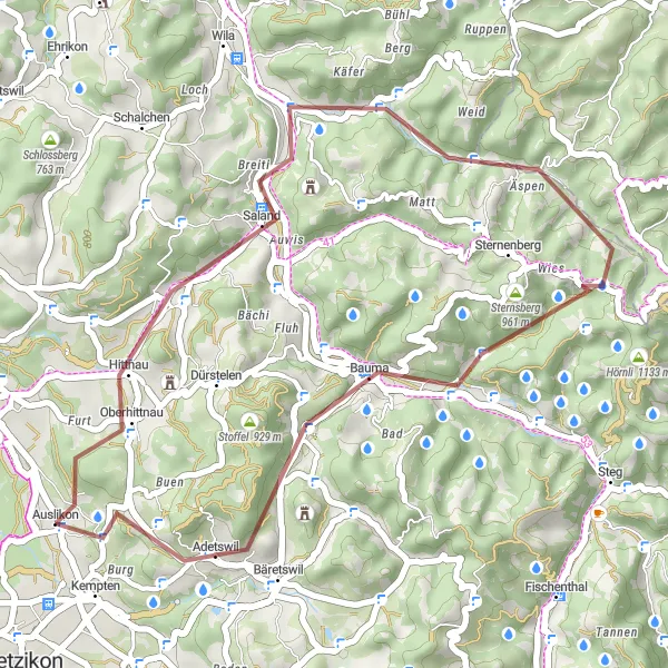 Karttaminiaatyyri "Hittnau-Zimberg Round-trip Gravel Cycling Route" pyöräilyinspiraatiosta alueella Zürich, Switzerland. Luotu Tarmacs.app pyöräilyreittisuunnittelijalla