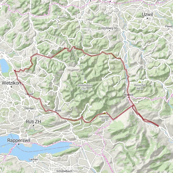 Kartminiatyr av "Eventyrlige landskap rundt Lichtensteig" sykkelinspirasjon i Zürich, Switzerland. Generert av Tarmacs.app sykkelrutoplanlegger