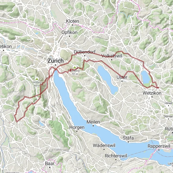 Karttaminiaatyyri "Pfäffikon ZH - Uster Loop Gravel Cycling Route" pyöräilyinspiraatiosta alueella Zürich, Switzerland. Luotu Tarmacs.app pyöräilyreittisuunnittelijalla