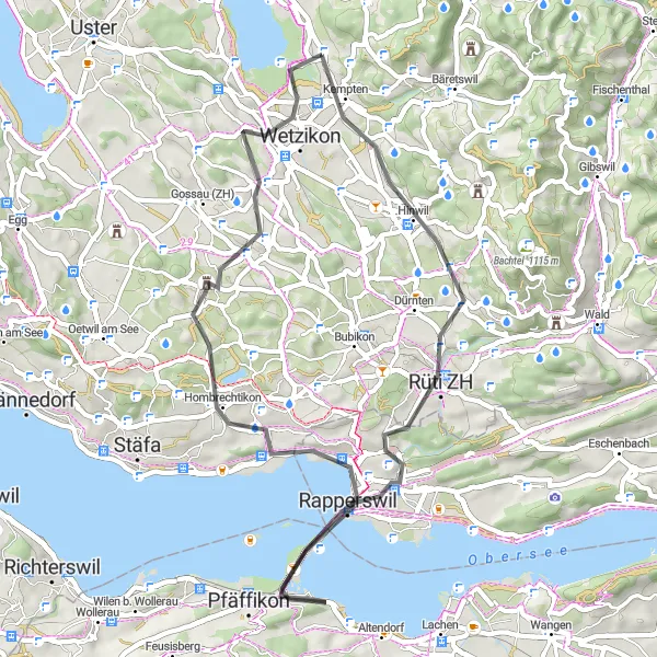 Map miniature of "Wetzikon Hills" cycling inspiration in Zürich, Switzerland. Generated by Tarmacs.app cycling route planner