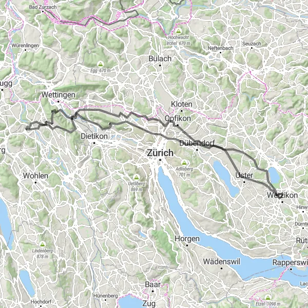 Miniatura della mappa di ispirazione al ciclismo "Scoperta dei tesori nascosti" nella regione di Zürich, Switzerland. Generata da Tarmacs.app, pianificatore di rotte ciclistiche