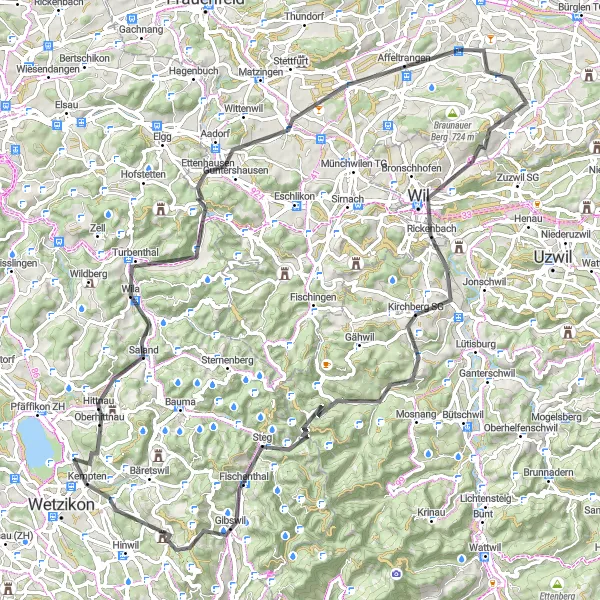 Miniaturní mapa "Kolem Zürichu a jeho okolí" inspirace pro cyklisty v oblasti Zürich, Switzerland. Vytvořeno pomocí plánovače tras Tarmacs.app