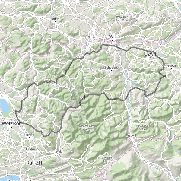 Kartminiatyr av "Hittnau till Auslikon Road Loop" cykelinspiration i Zürich, Switzerland. Genererad av Tarmacs.app cykelruttplanerare