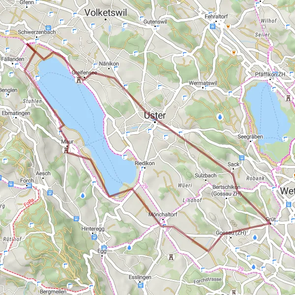 Miniaturní mapa "Gravelová cesta okolo Wetzikonu" inspirace pro cyklisty v oblasti Zürich, Switzerland. Vytvořeno pomocí plánovače tras Tarmacs.app