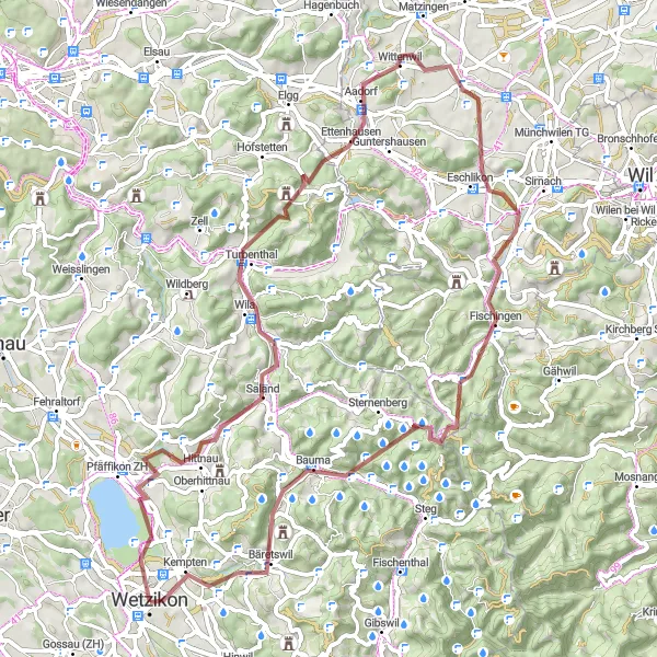 Miniaturekort af cykelinspirationen "Grusvej Tour til Hittnau og Fischingen" i Zürich, Switzerland. Genereret af Tarmacs.app cykelruteplanlægger