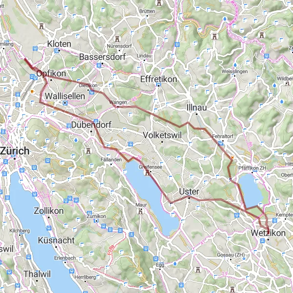 Mapa miniatúra "Gravel Wetzikon- Uster" cyklistická inšpirácia v Zürich, Switzerland. Vygenerované cyklistickým plánovačom trás Tarmacs.app