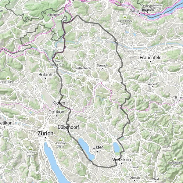 Miniatua del mapa de inspiración ciclista "Ruta Escénica de Wetzikon a Rheinau" en Zürich, Switzerland. Generado por Tarmacs.app planificador de rutas ciclistas