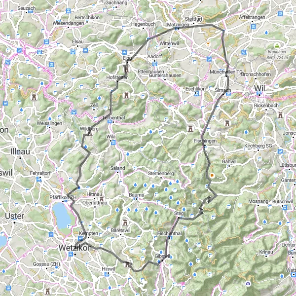 Kartminiatyr av "Rundtur fra Wetzikon via Ober-Wetzikon" sykkelinspirasjon i Zürich, Switzerland. Generert av Tarmacs.app sykkelrutoplanlegger