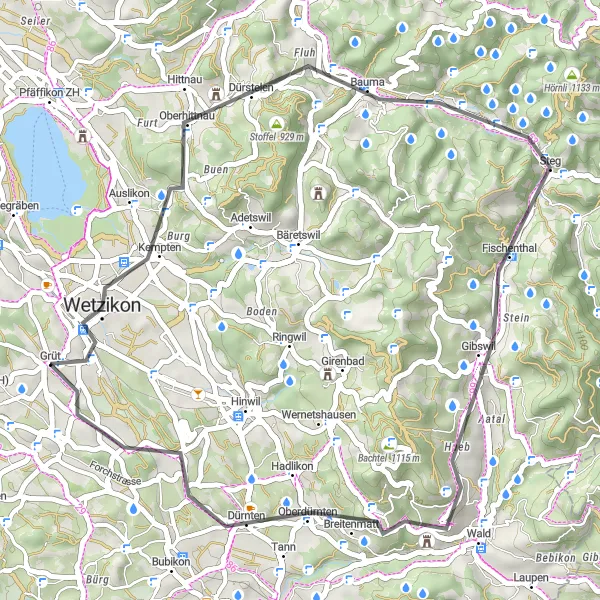 Map miniature of "Journey to the Fischenthal" cycling inspiration in Zürich, Switzerland. Generated by Tarmacs.app cycling route planner