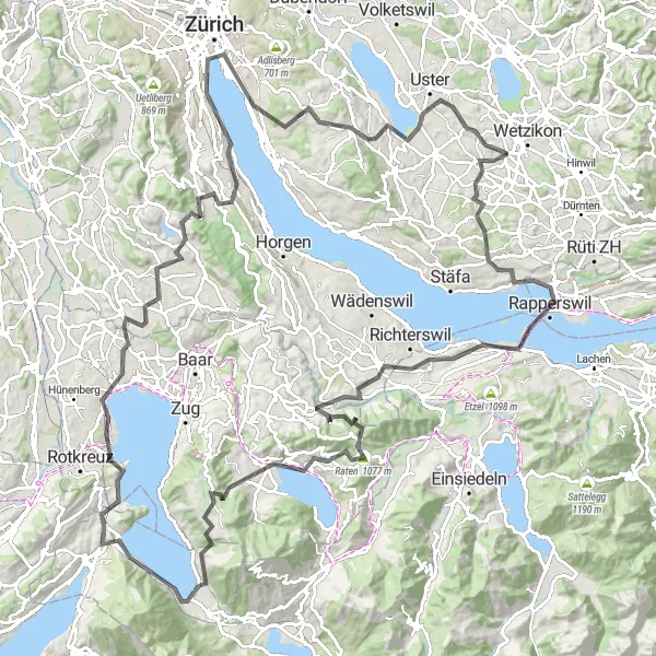 Map miniature of "Wetzikon Loop" cycling inspiration in Zürich, Switzerland. Generated by Tarmacs.app cycling route planner