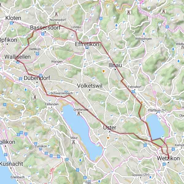 Kartminiatyr av "Uster Tur Gravel Spur" sykkelinspirasjon i Zürich, Switzerland. Generert av Tarmacs.app sykkelrutoplanlegger