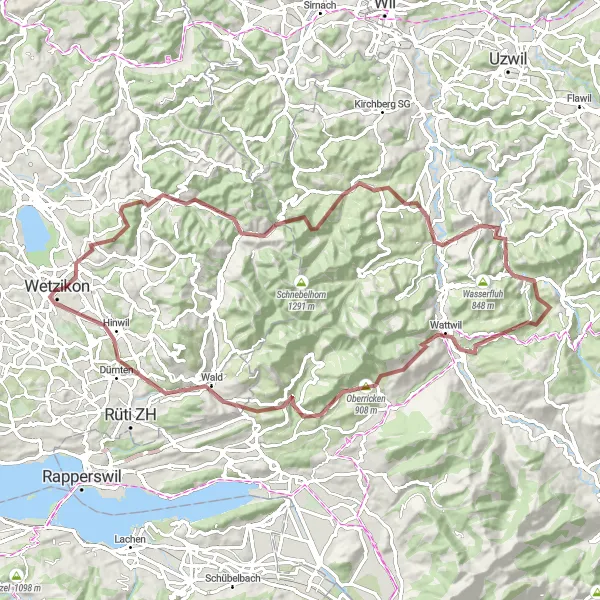 Miniatura della mappa di ispirazione al ciclismo "Gravelle altopiani svizzeri" nella regione di Zürich, Switzerland. Generata da Tarmacs.app, pianificatore di rotte ciclistiche