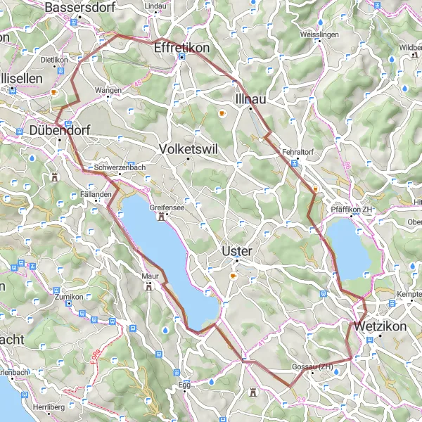 Zemljevid v pomanjšavi "Gravla - Odklop v podeželskih vaseh Züricha" kolesarske inspiracije v Zürich, Switzerland. Generirano z načrtovalcem kolesarskih poti Tarmacs.app