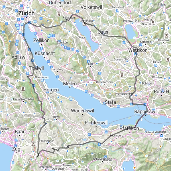 Miniatua del mapa de inspiración ciclista "Ruta de ciclismo de carretera por Zúrich y alrededores" en Zürich, Switzerland. Generado por Tarmacs.app planificador de rutas ciclistas