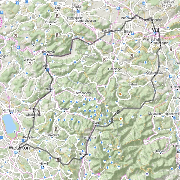 Zemljevid v pomanjšavi "Cestno kolesarjenje do Chatzenböla" kolesarske inspiracije v Zürich, Switzerland. Generirano z načrtovalcem kolesarskih poti Tarmacs.app