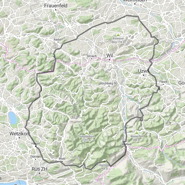 Miniature de la carte de l'inspiration cycliste "Circuit des Collines Zurichoises" dans la Zürich, Switzerland. Générée par le planificateur d'itinéraire cycliste Tarmacs.app