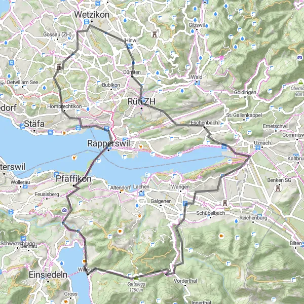Map miniature of "Wetzikon - Rapperswil" cycling inspiration in Zürich, Switzerland. Generated by Tarmacs.app cycling route planner