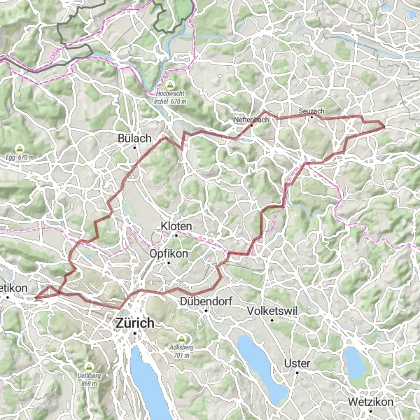 Zemljevid v pomanjšavi "Gravel kolesarjenje do Seuzacha" kolesarske inspiracije v Zürich, Switzerland. Generirano z načrtovalcem kolesarskih poti Tarmacs.app