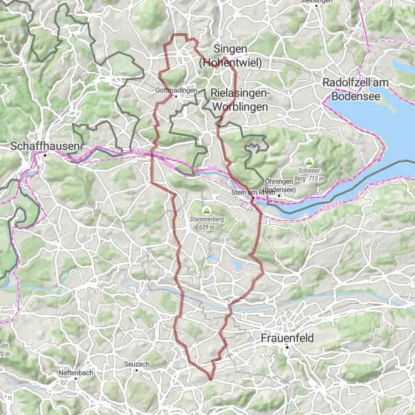 Kartminiatyr av "Eventyrlig tur til Singen og Eschenz" sykkelinspirasjon i Zürich, Switzerland. Generert av Tarmacs.app sykkelrutoplanlegger