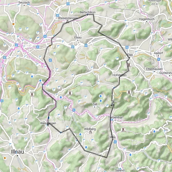Miniature de la carte de l'inspiration cycliste "Exploration de la campagne suisse" dans la Zürich, Switzerland. Générée par le planificateur d'itinéraire cycliste Tarmacs.app