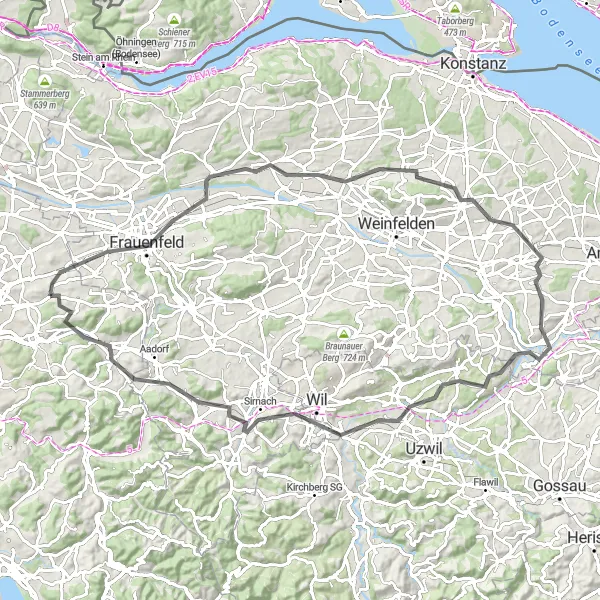 Miniatua del mapa de inspiración ciclista "Ruta de ciclismo de carretera desde Wiesendangen a Bertschikon" en Zürich, Switzerland. Generado por Tarmacs.app planificador de rutas ciclistas