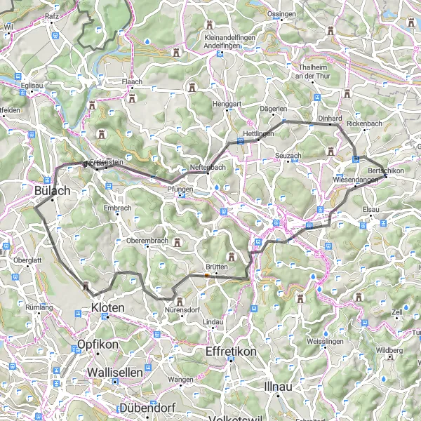 Mapa miniatúra "Cyklotrasa cez Brütten a Bülach" cyklistická inšpirácia v Zürich, Switzerland. Vygenerované cyklistickým plánovačom trás Tarmacs.app