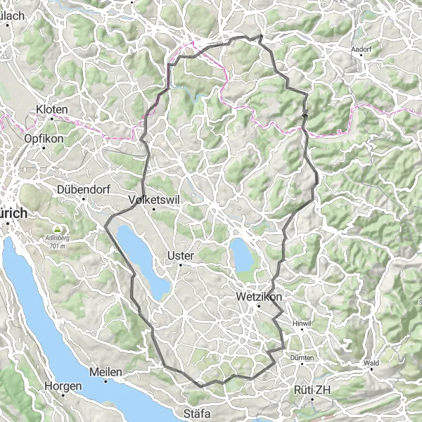 Mapa miniatúra "Výlet cez Oetwil am See a Lindau" cyklistická inšpirácia v Zürich, Switzerland. Vygenerované cyklistickým plánovačom trás Tarmacs.app